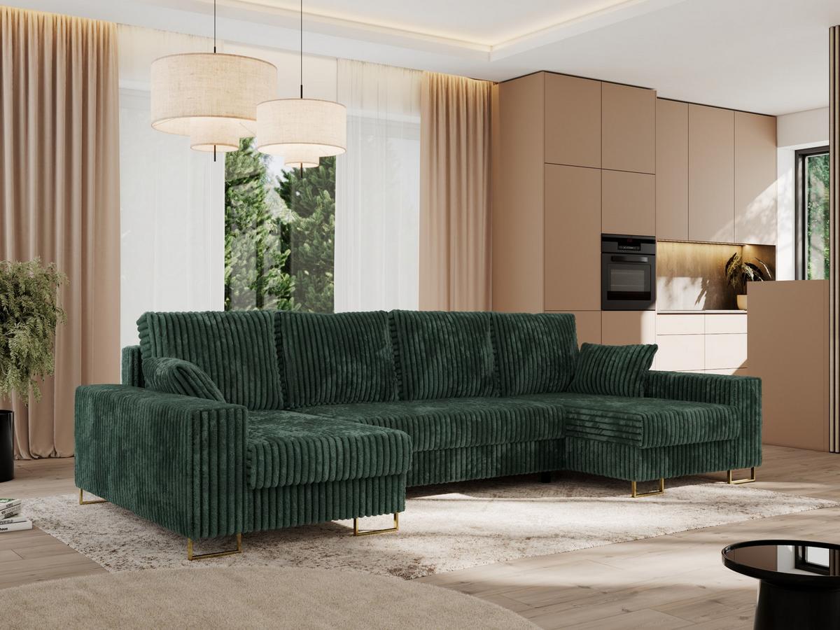 WOHNLANDSCHAFT DORIAN U Cord Grün - Goldfarben/Grün, Textil/Metall (312/85/138cm) - MKS