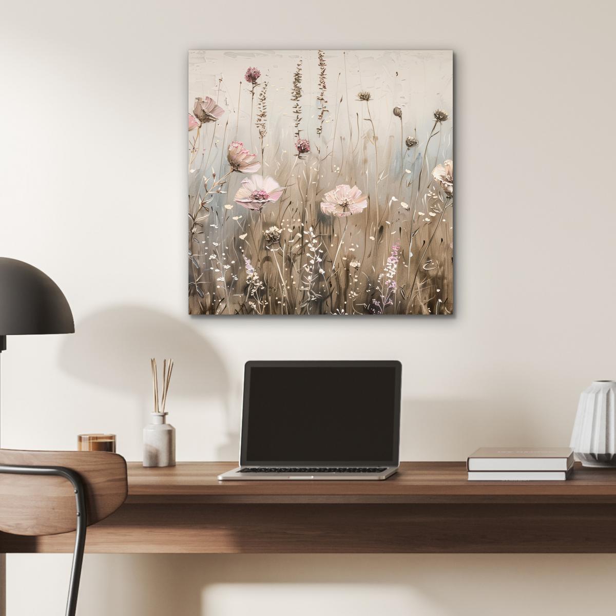 METALLBILD Blumen - Rosa - Modern - Beige 50x50 cm - Beige, Metall (50/50cm) - MuchoWow