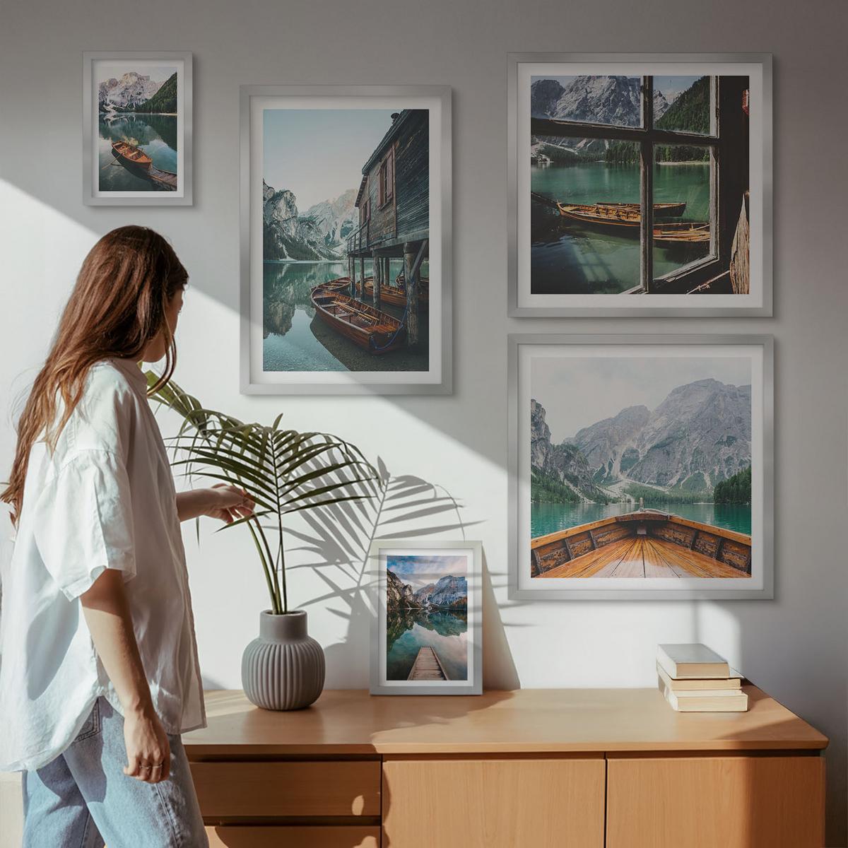 BILDER SET 5er Set - 50x50 cm & 20x30 cm & 40x60 cm Silberner Rahmen - Haus am Bergsee Łódź - Silberfarben, Kunststoff (40/60cm) - TULUP