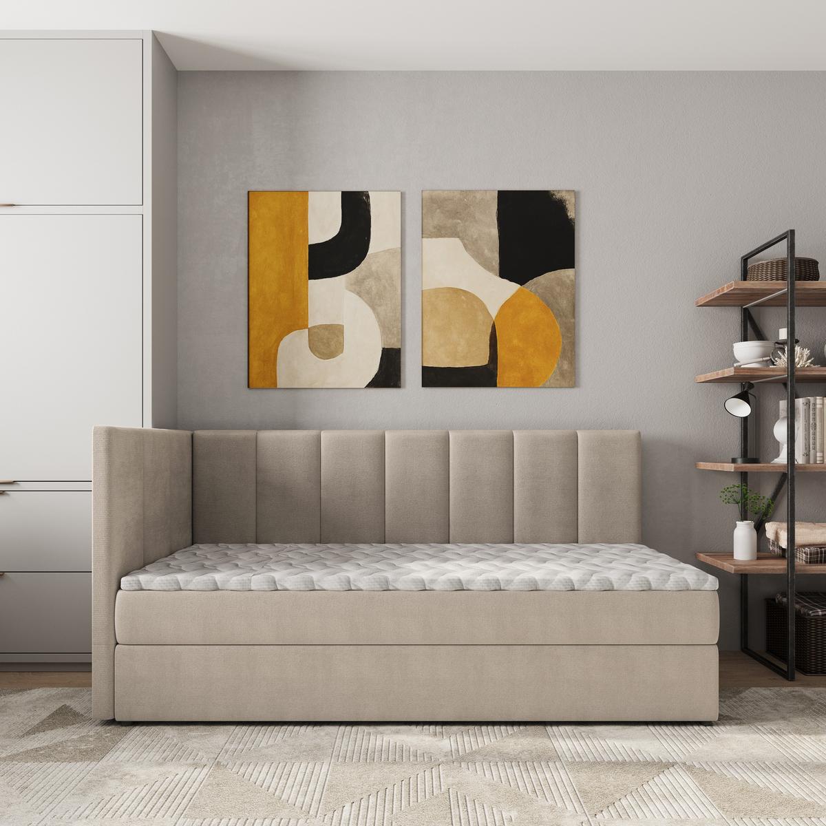 BOXBETT BEVE 90x200 cm mit Matratze und Topper, H2+H3 - Beige - Beige, Holz (90/200cm) - MASSENO