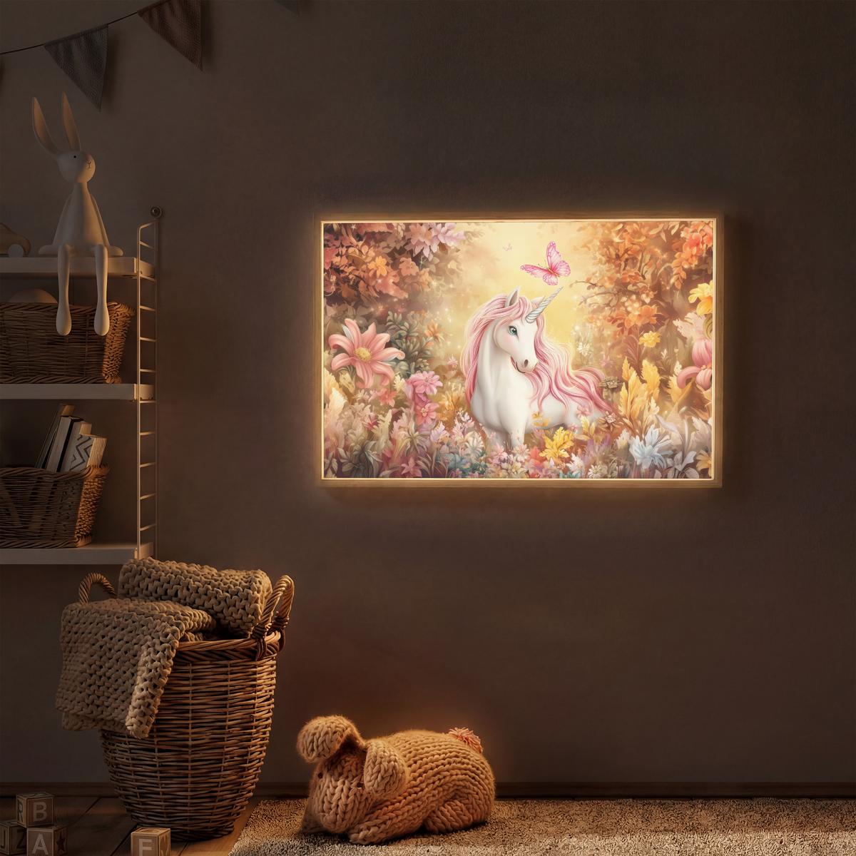 NACHTTISCHLAMPE MIT AKKU Einhorn - Blumen - Schmetterling - Rosa 100x70 cm - Beige, Holzwerkstoff (8/100/70cm) - OnlyWow