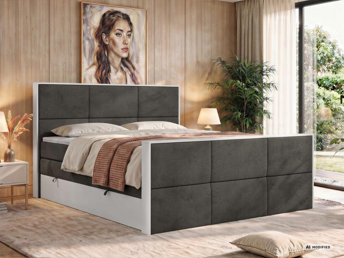 BOXSPRINGBETT DELVIT KING DUO 180/200 - Dunkelgrau Velvet - Topper Visco - H4 - Dunkelgrau/Anthrazit, Kunststoff/Textil (180/200cm) - MKS