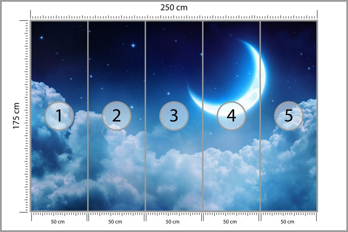 FOTOTAPETE für Schlafzimmer Himmel Wolken Mond Sterne 250x175 - Blau/Dunkelblau, Papier (250/175cm) - Muralo
