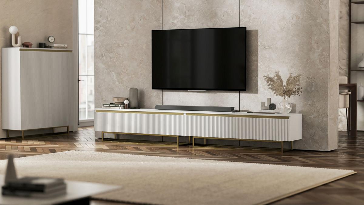 TV-LOWBOARD 2-er Set Selene Glamour Weiß Matt mit Metallrahmen 140 cm - Goldfarben/Weiß, Holzwerkstoff/Metall (280/44/35cm) - Meble Lindner