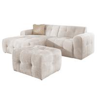ECKSOFA inkl. Hocker Kozy im Bumpy-Design mit Schlaffunktion und fester Rückenlehne aus weichem Beige Chenille-Stoff - Ottomane links - Beige/Creme, Holz/Kunststoff (161/234cm) - S-Style Möbel