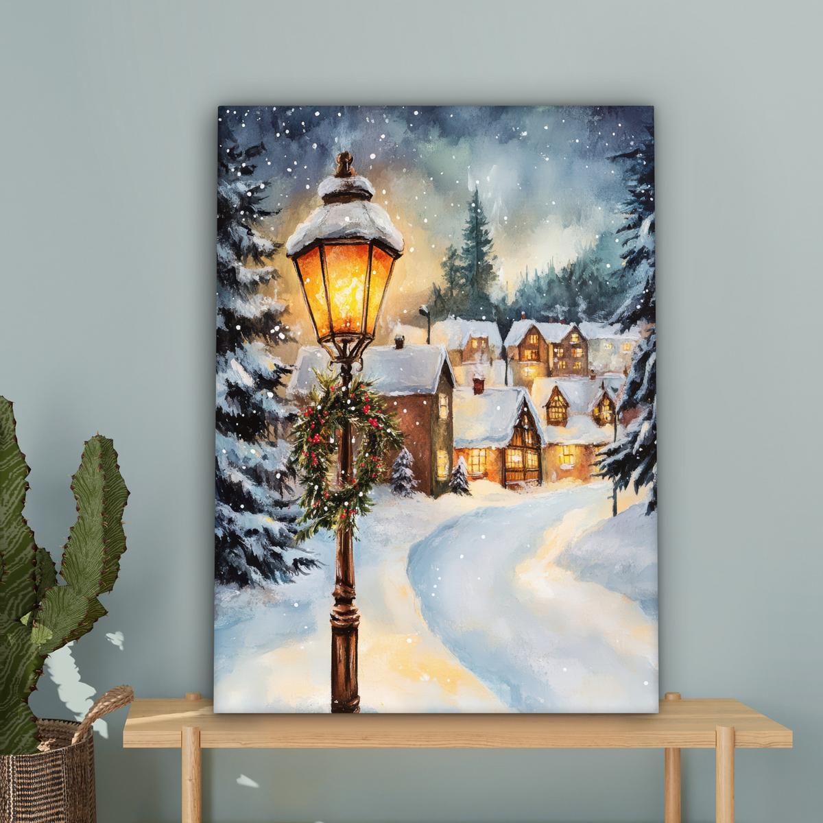 LEINWANDBILD Weihnachtsdorf - Häuser - Schnee - Weihnachten Wandbild Wohnzimmer 60x80 cm - Sandfarben, Textil (60/80cm) - MuchoWow