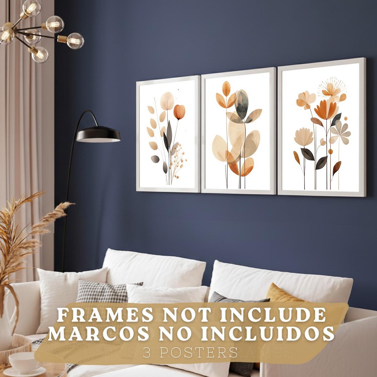 POSTER 3er-Set Wandbilder Orange Blumen modern Wohnzimmer Deko, Schlafzimmer, Küche, Badezimmer Rahmenlos A3 - Klar, Papier (29.7/1/42cm) - Nacnic