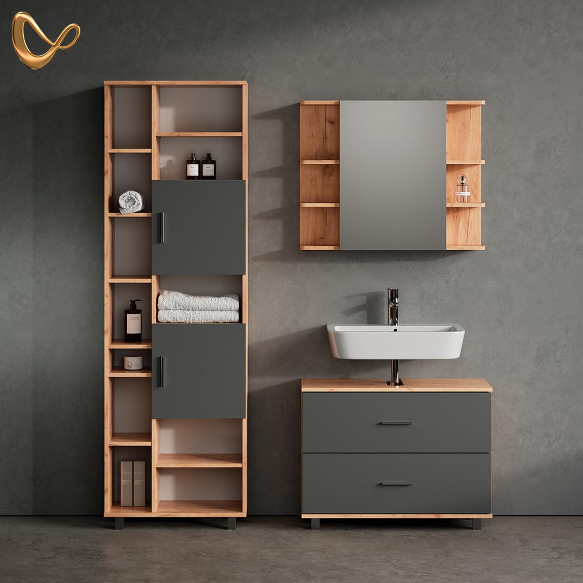 WASCHBECKENUNTERSCHRANK Eisak Anthrazit/Goldkraft Eiche 80 x 60.8 cm - Honigeiche/Anthrazit, Holzwerkstoff (80/60.8/33cm) - Livinity®