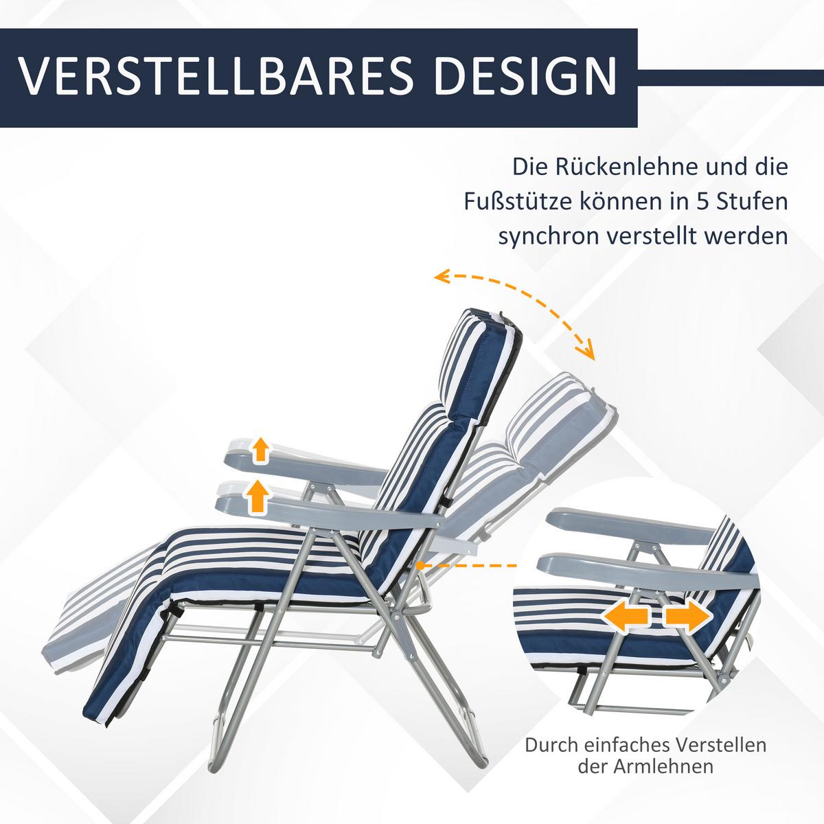 SONNENLIEGE, 5 Positionen Auflage, Stahl, Polyester, Schaumstoff, Blau - Blau, Kunststoff (75/102/60cm) - Outsunny