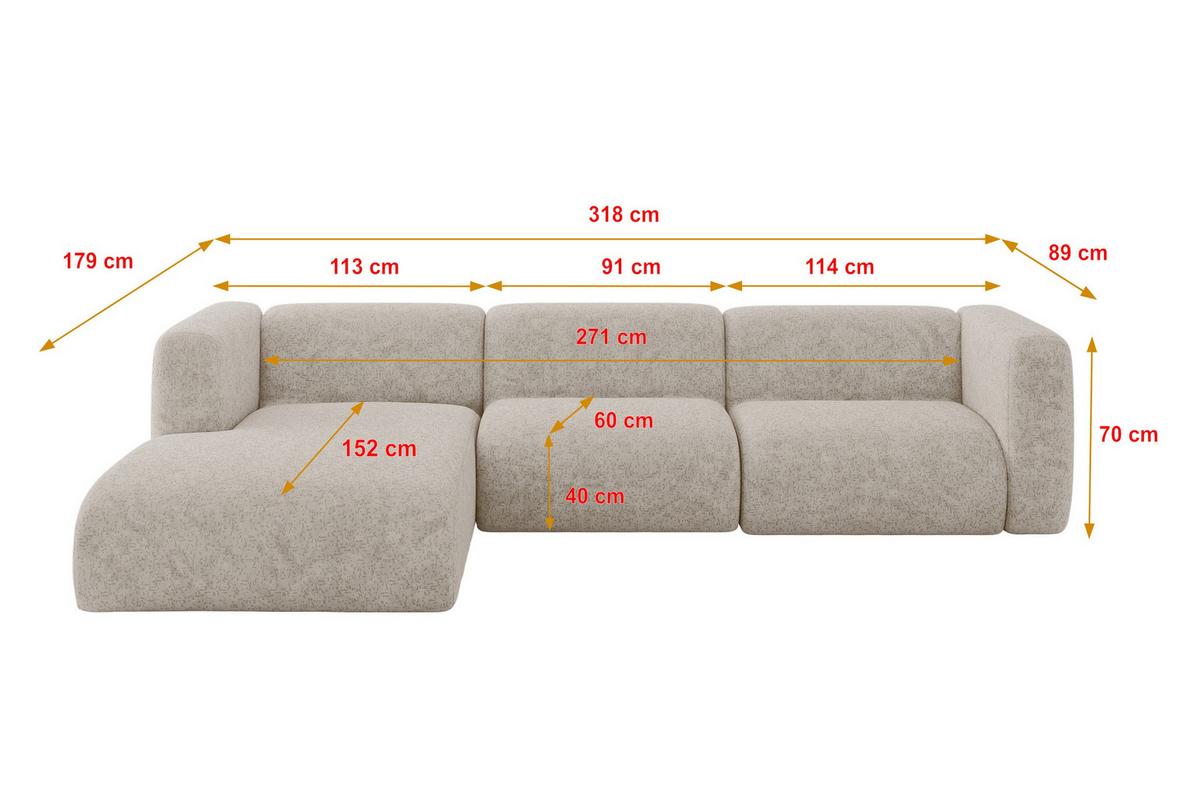 ECKSOFA Ottomane Links MIRA-L2 318x179x89 Beige Velours - Beige/Schwarz, Holzwerkstoff/Kunststoff (318/179cm) - ALTDECOR