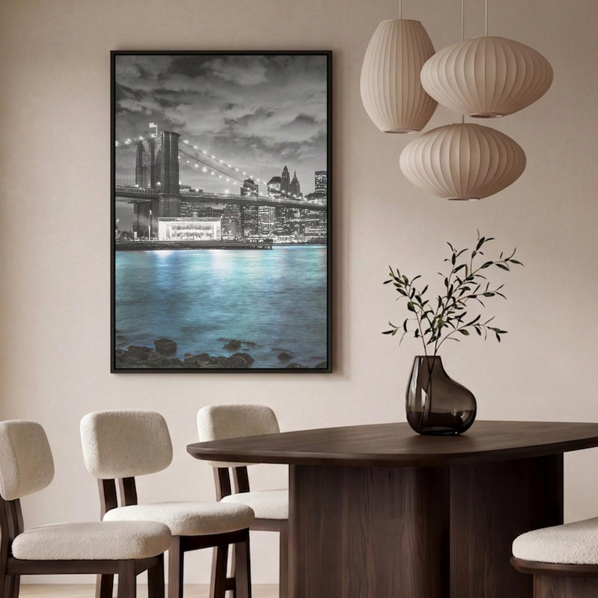 LEINWAND Bilder mit Rahmen - New York - Skyline - Stadt - Blau - 100x150 - Blaugrau, Textil (100/150cm) - MuchoWow