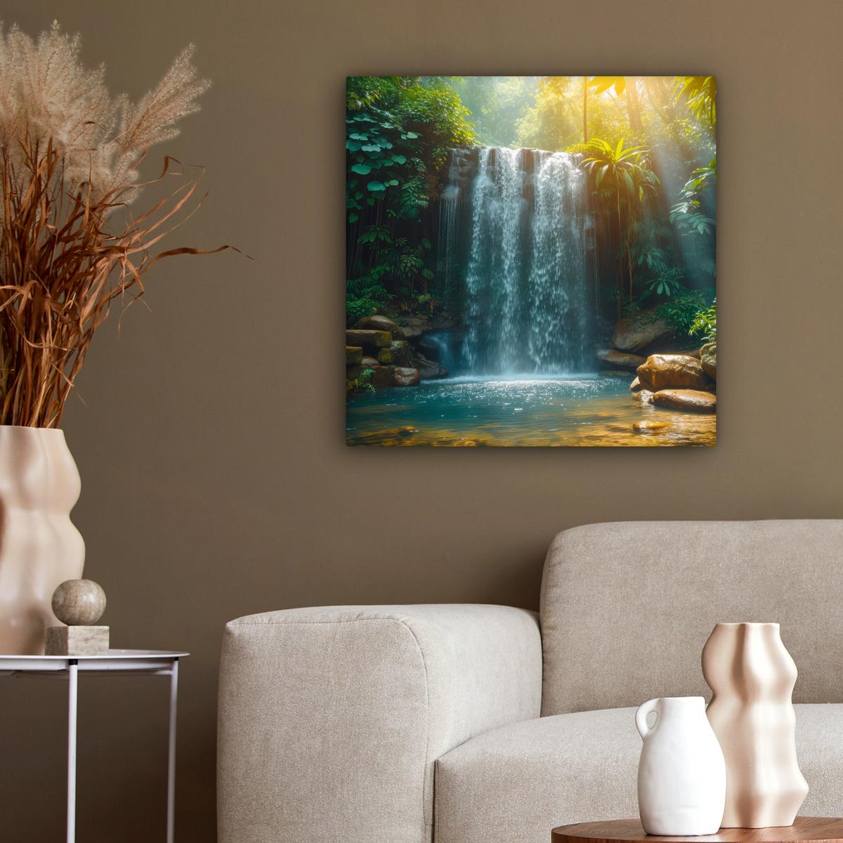 LEINWANDBILD Wasserfall - Dschungel - Sonne - Grün - Natur Wandbild Wohnzimmer 50x50 cm - Grün, Textil (50/50cm) - MuchoWow
