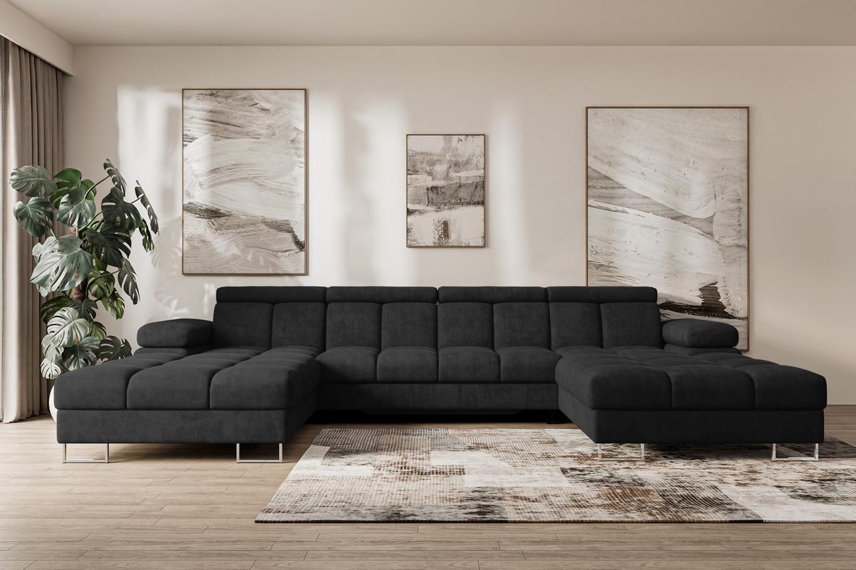 WOHNLANDSCHAFT mit Schlaffunktion und Bettkasten COMA U2 345x203x79 Schwarz Velours - Schwarz, Holzwerkstoff/Textil (345/79/203cm) - ALTDECOR