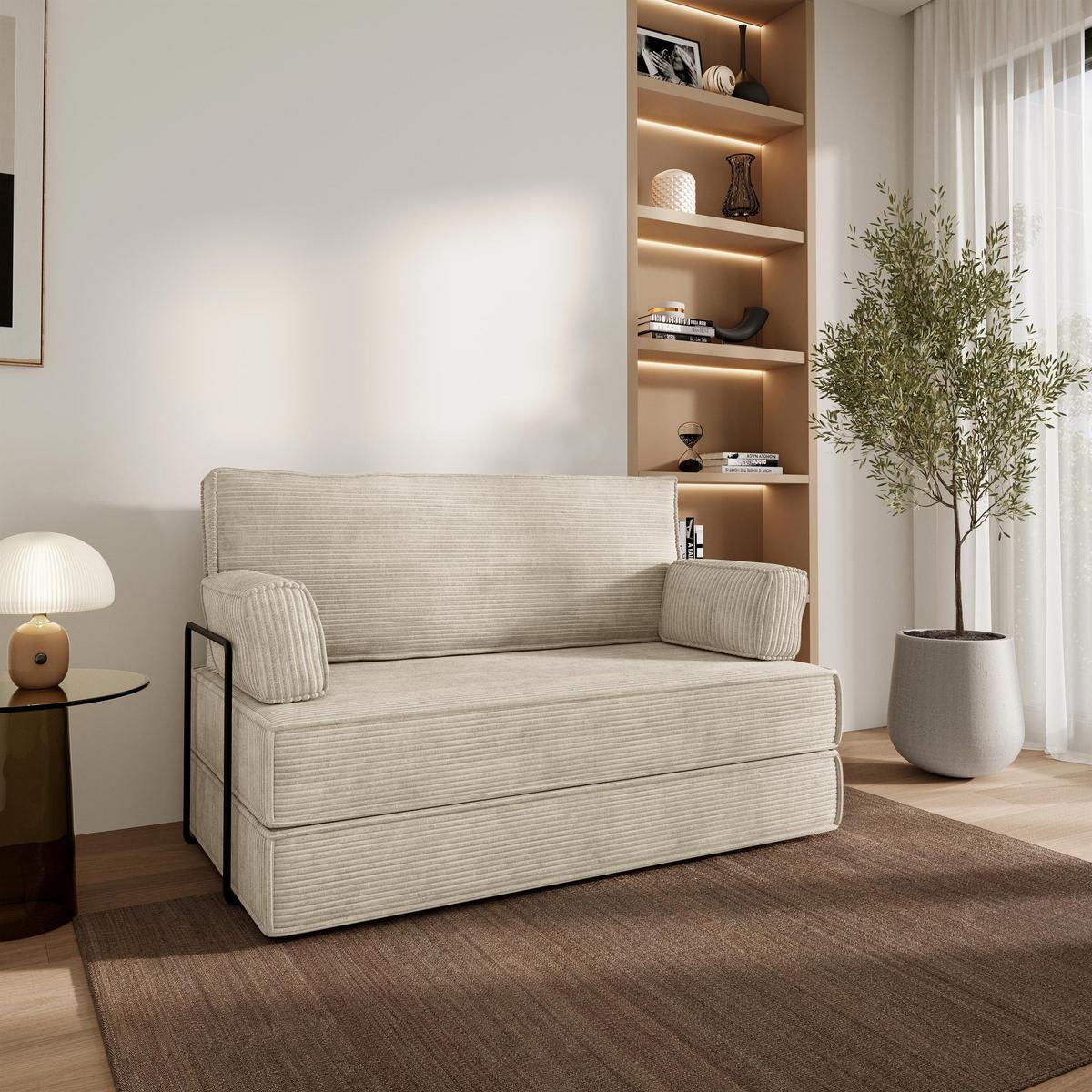 BETTSOFA LADIA aus Schaumstoff Cordstoff Creme Schlaffunktion - Creme, Textil (140/86/60cm) - MASSENO