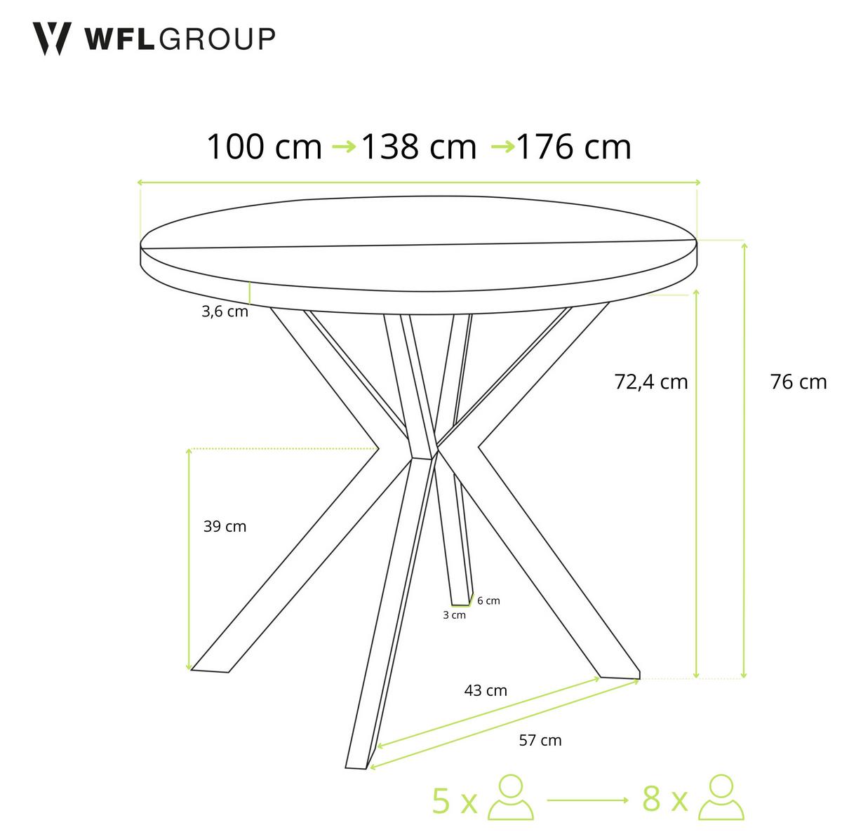 ESSTISCH Valeo runder ausziehbarer, Kaschmir Beige Grau 100-180/100/76 cm - Kaschmir/Schwarz, Holzwerkstoff/Metall (180/100/76cm) - WFL GROUP