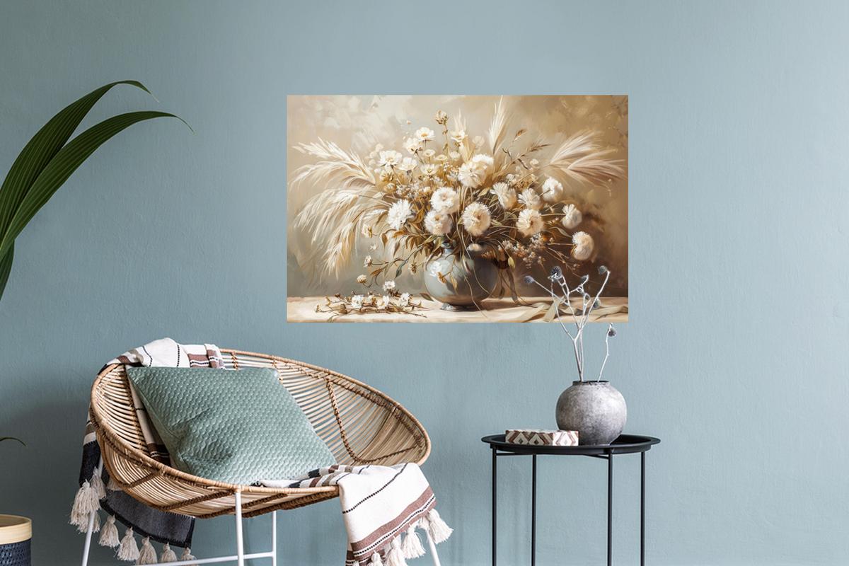WANDTATTOO Blumen - Vase - Stilleben - Beige Deko Wohnzimmer 60x40 cm - Creme, Kunststoff (60/40/0.1cm) - MuchoWow