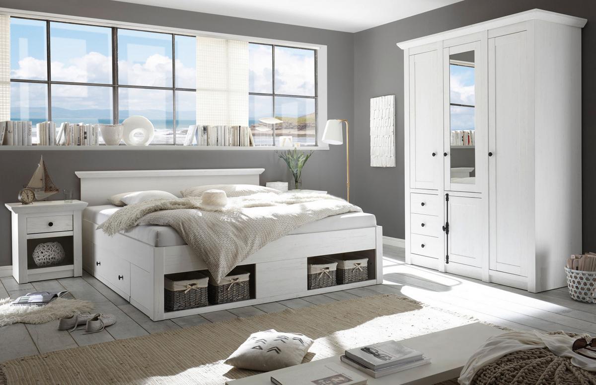 SCHLAFZIMMER-SET 3-teilig Pinie weiß mit Doppelbett, Kleiderschrank und Nachttisch - Schwarz/Weiß, Glas/Holzwerkstoff (186/206/64cm) - Furn.Design