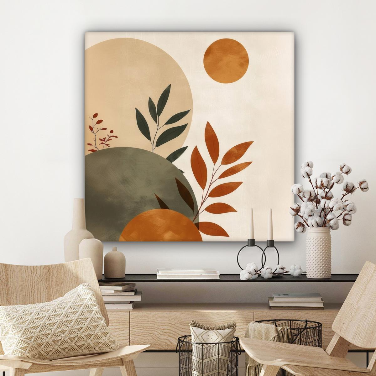 LEINWANDBILD Formen - Rund - Blätter - Beige Deko Groß 90x90 cm - Rostfarben, Textil (90/90cm) - MuchoWow