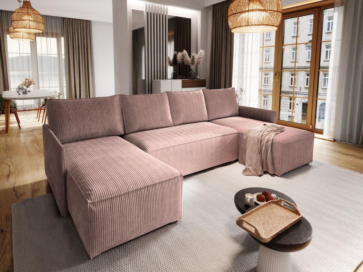 WOHNLANDSCHAFT TRES Lila Kordstoff mit Schlaffunktion - Lila/Grau, Holz/Kunststoff (271/85/140cm) - MASSENO