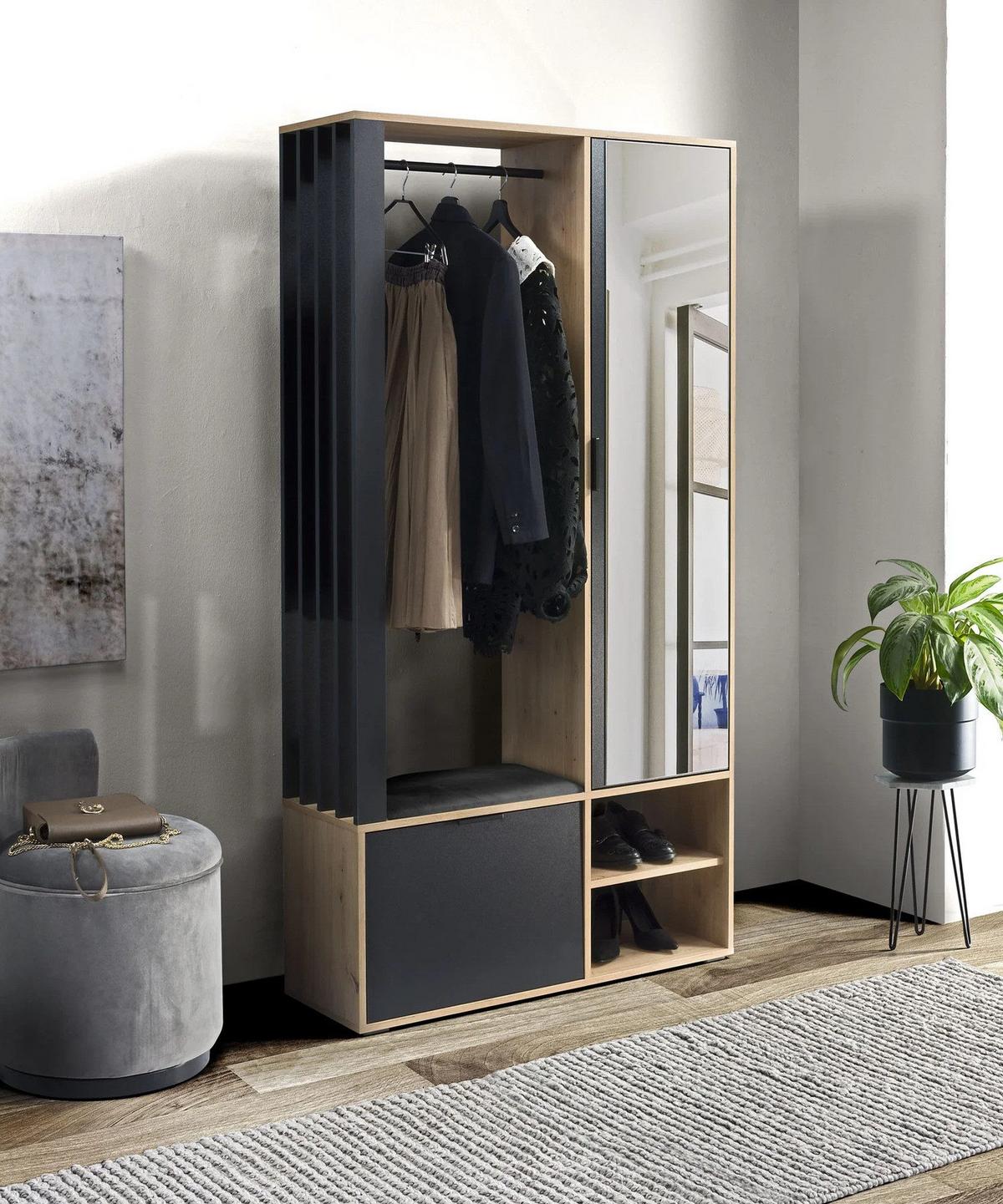 GARDEROBENSCHRANK Limo mit Spiegel und Sitzbank, Eiche Artisan+schwarz - Eiche Artisan, Holzwerkstoff (100/190/33cm) - Beautysofa