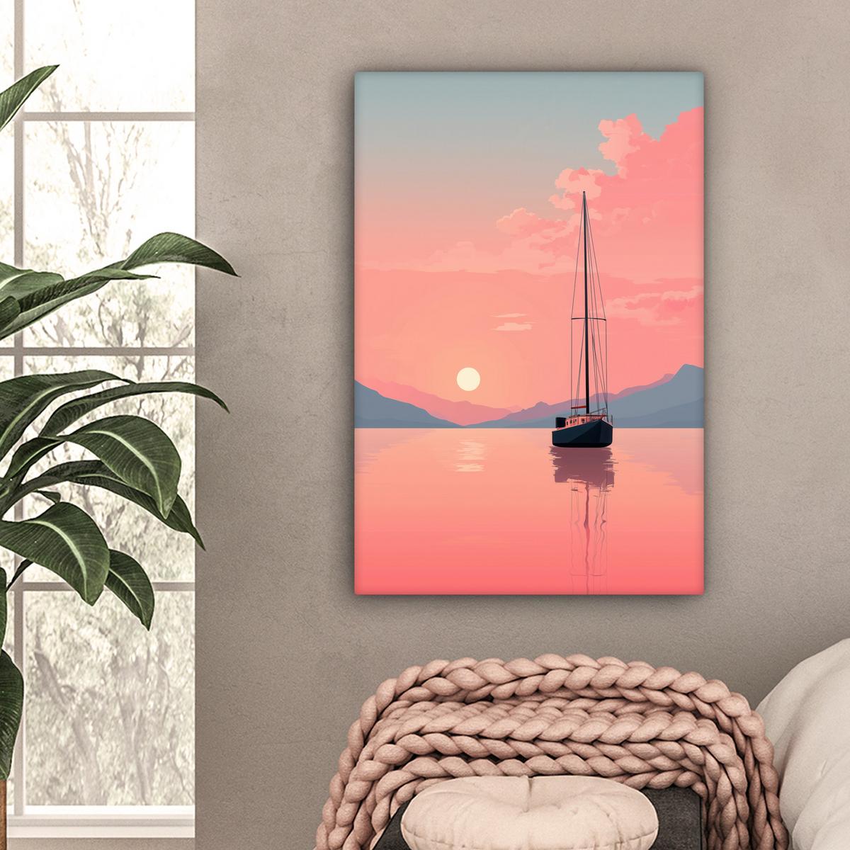 LEINWANDBILD Segelboot - Rosa Meer - Sonnenuntergang - Berge Wanddeko 40x60 cm - Rosa, Textil (40/60cm) - MuchoWow
