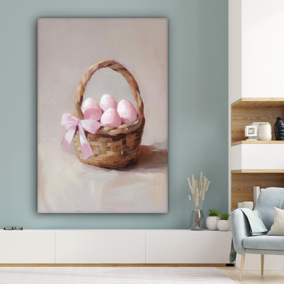 LEINWANDBILD Korb - Eier - Rosa Deko Groß 90x140 cm - Beige, Textil (90/140cm) - MuchoWow