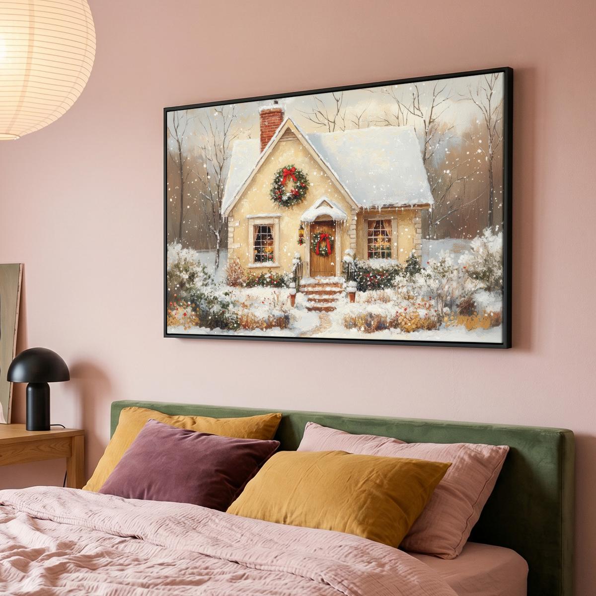 LEINWAND Bilder mit Rahmen - Weihnachten - Zuhause - Winter - Schnee - 120x80 - Creme, Textil (120/80cm) - MuchoWow