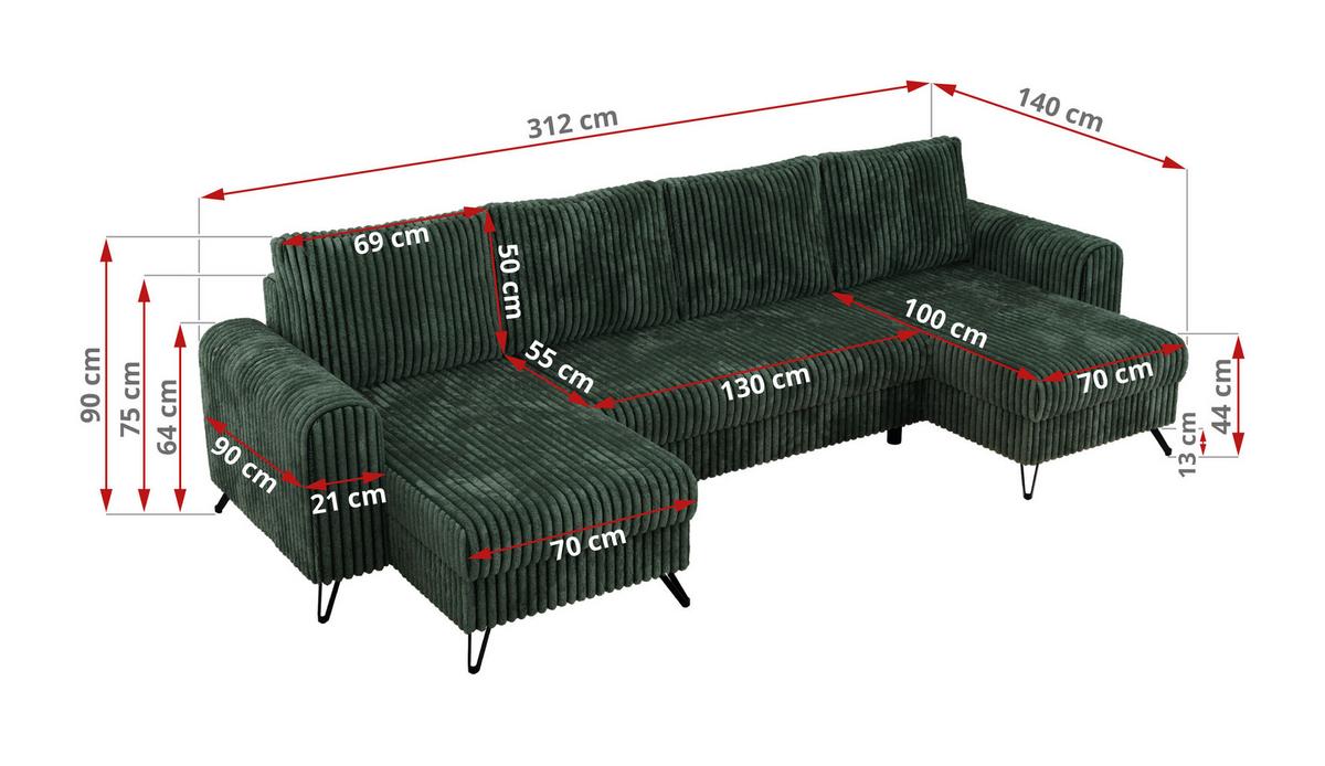 WOHNLANDSCHAFT AXEL U Cord Grün - Schwarz/Grün, Textil/Metall (312/90/140cm) - MKS