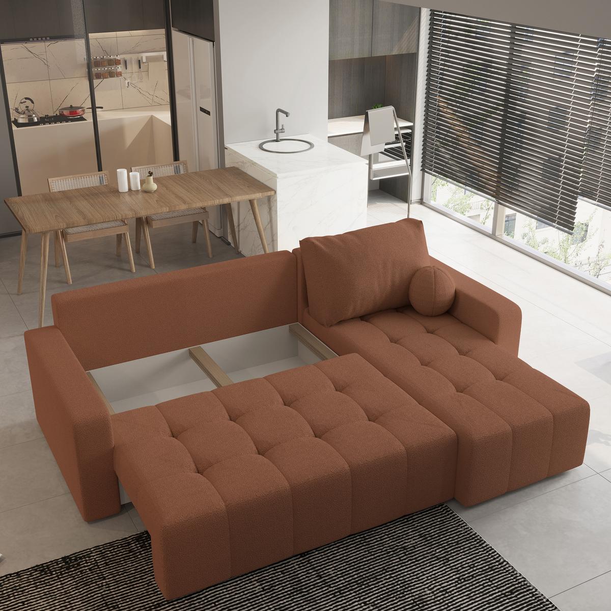 ECKSOFA VOLIRA Kupferfarben Boucle-Stoff mit Schlaffunktion - Kupferfarben, Holz (230/143cm) - MASSENO