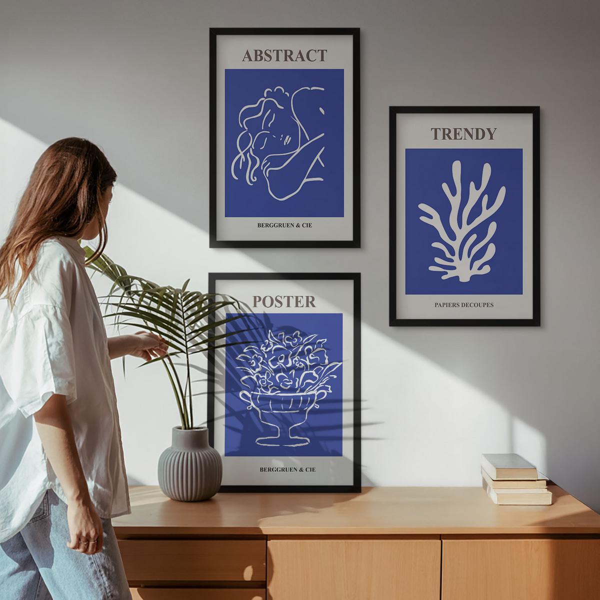BILDER SET 3er Set - 40x60 cm Schwarzer Rahmen - Stilvolle blaue Poster - Schwarz, Kunststoff (40/60cm) - TULUP