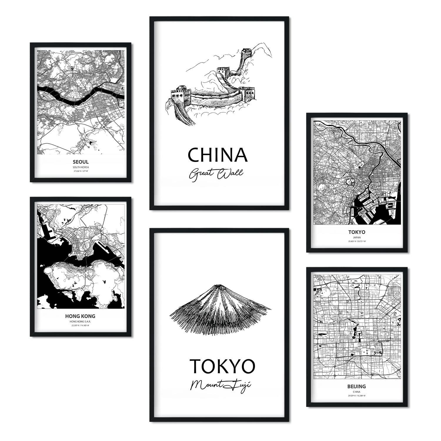 POSTER Set Mit 6 Drucke Von Ostasien Von Karten In Schwarz Weiß A3 & A4 Schwarzer Rahmen - Schwarz, Papier (29/3cm) - Nacnic