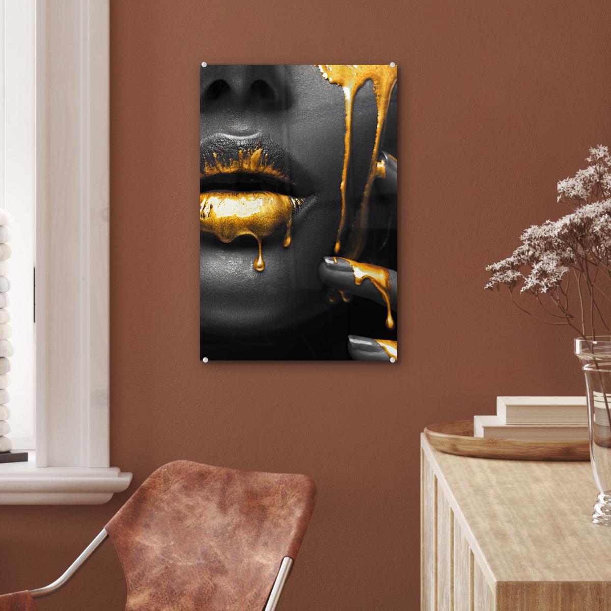 ACRYLGLASBILD Frau - Schwarz - Gold - Gesicht - Lippen Wanddeko Wohnzimmer 40x60 cm - Goldfarben, Glas (40/60cm) - MuchoWow