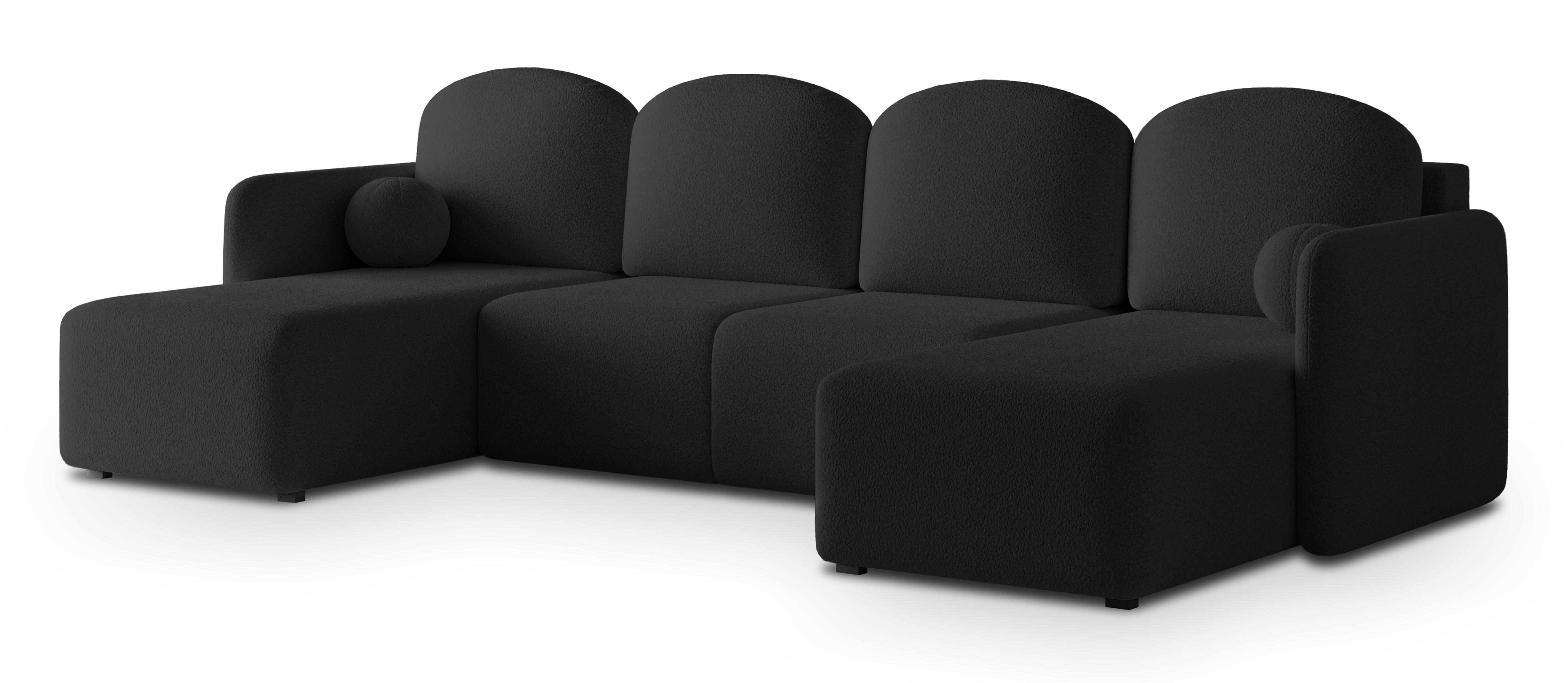WOHNLANDSCHAFT NUBERO Schwarz Boucle-Stoff mit Schlaffunktion - Schwarz, Holz (285/85/143cm) - MASSENO