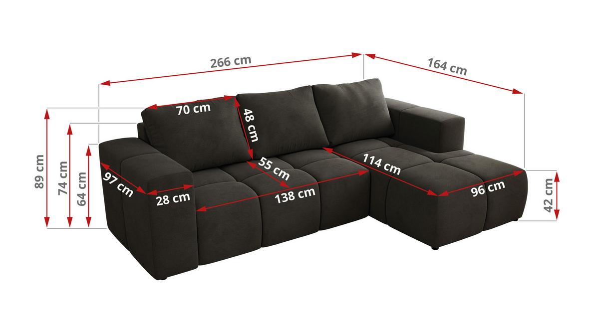 ECKSOFA MONIVA Dunkelgrau Velvet - Links - Dunkelgrau/Schwarz, Kunststoff/Textil (164/266cm) - MKS