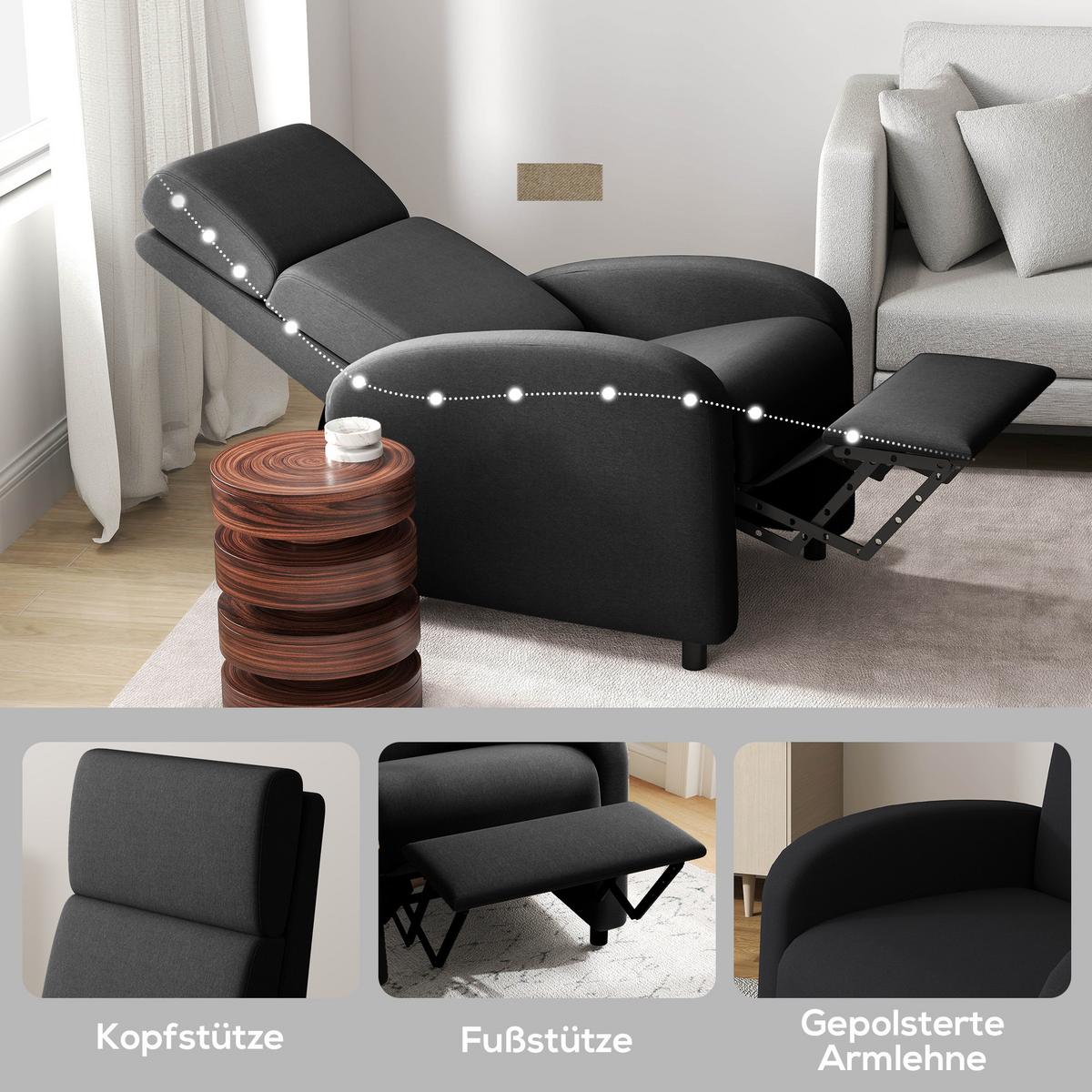 RELAXSESSEL, Fernsehsessel mit Liegefunktion, mit verstellbarer Rückenlehne, Fußteil, Schwarz - Schwarz, Textil (64/102/86cm) - HOMCOM