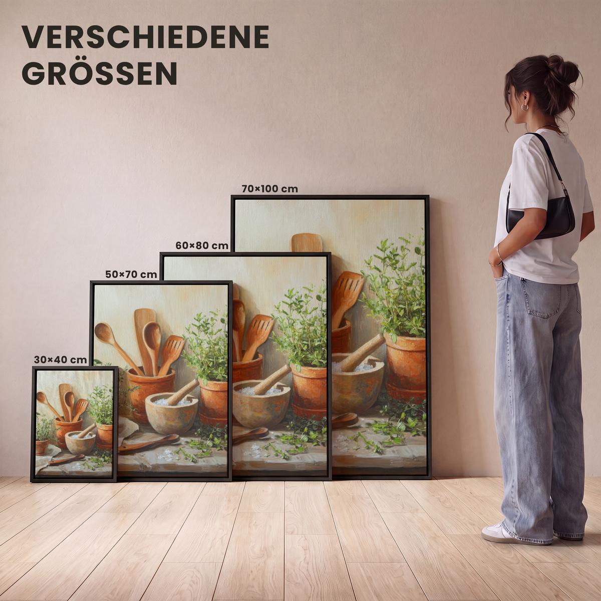 LEINWAND Bilder mit Rahmen - Töpfe - Kräuter - Holz - 50x70 - Terracotta, Textil (50/70cm) - MuchoWow