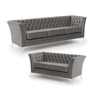 SITZGARNITUR 3+2 Chesterfield Whitby Grau Samt mit silbernen Füßen - Silberfarben/Grau, Holz/Textil (237/78/82cm) - S-Style Möbel