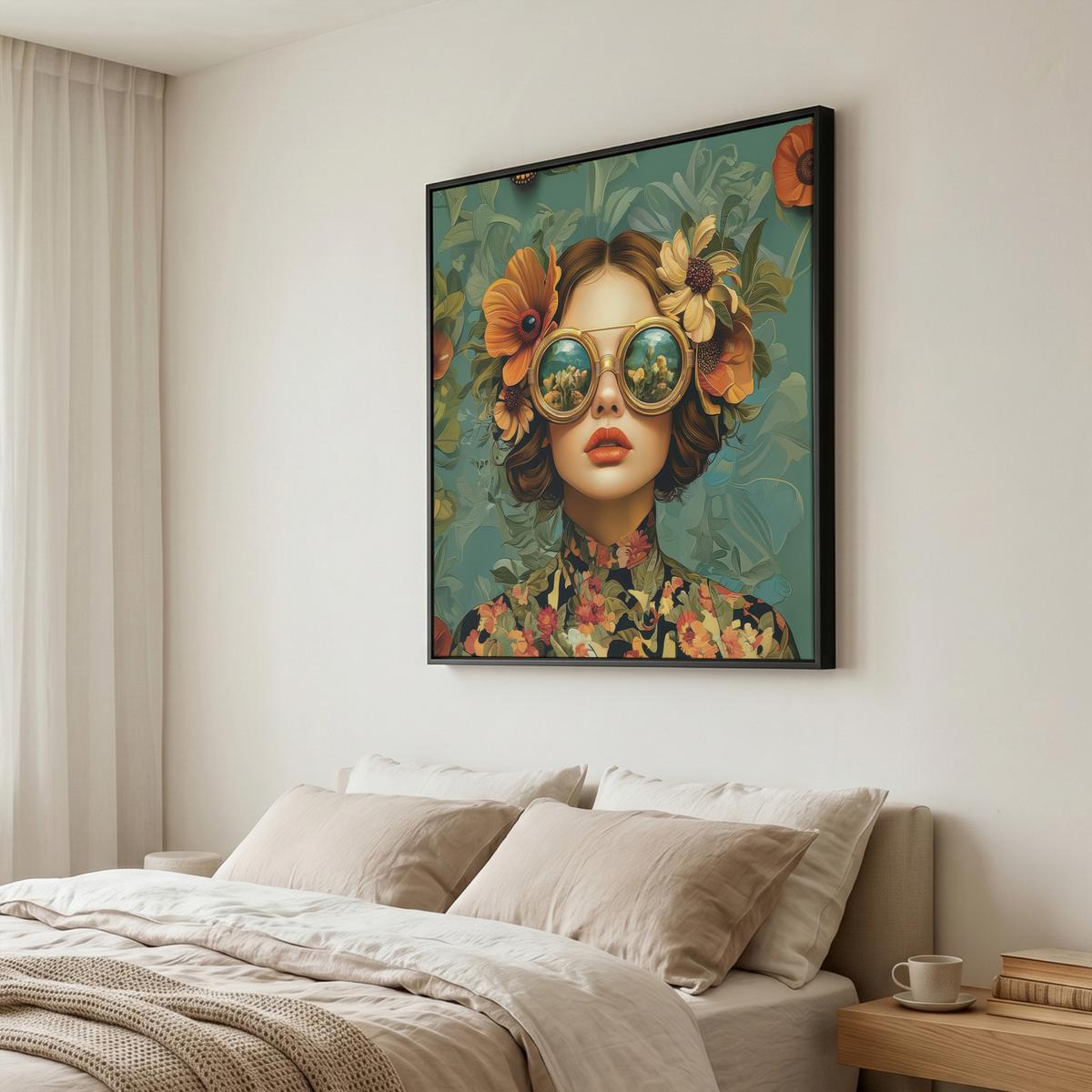 LEINWAND Bilder mit Rahmen - Frau - Blumen - Schmetterlinge - Natur - Vintage - 90x90 - Salbeigrün, Textil (90/90cm) - MuchoWow