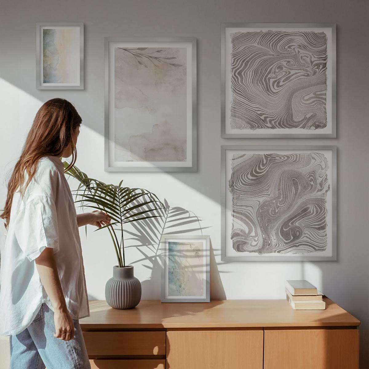 BILDER SET 5er Set - 50x50 cm & 20x30 cm & 40x60 cm Silberner Rahmen - Zarte Aquarellkartons - Silberfarben, Kunststoff (40/60cm) - TULUP