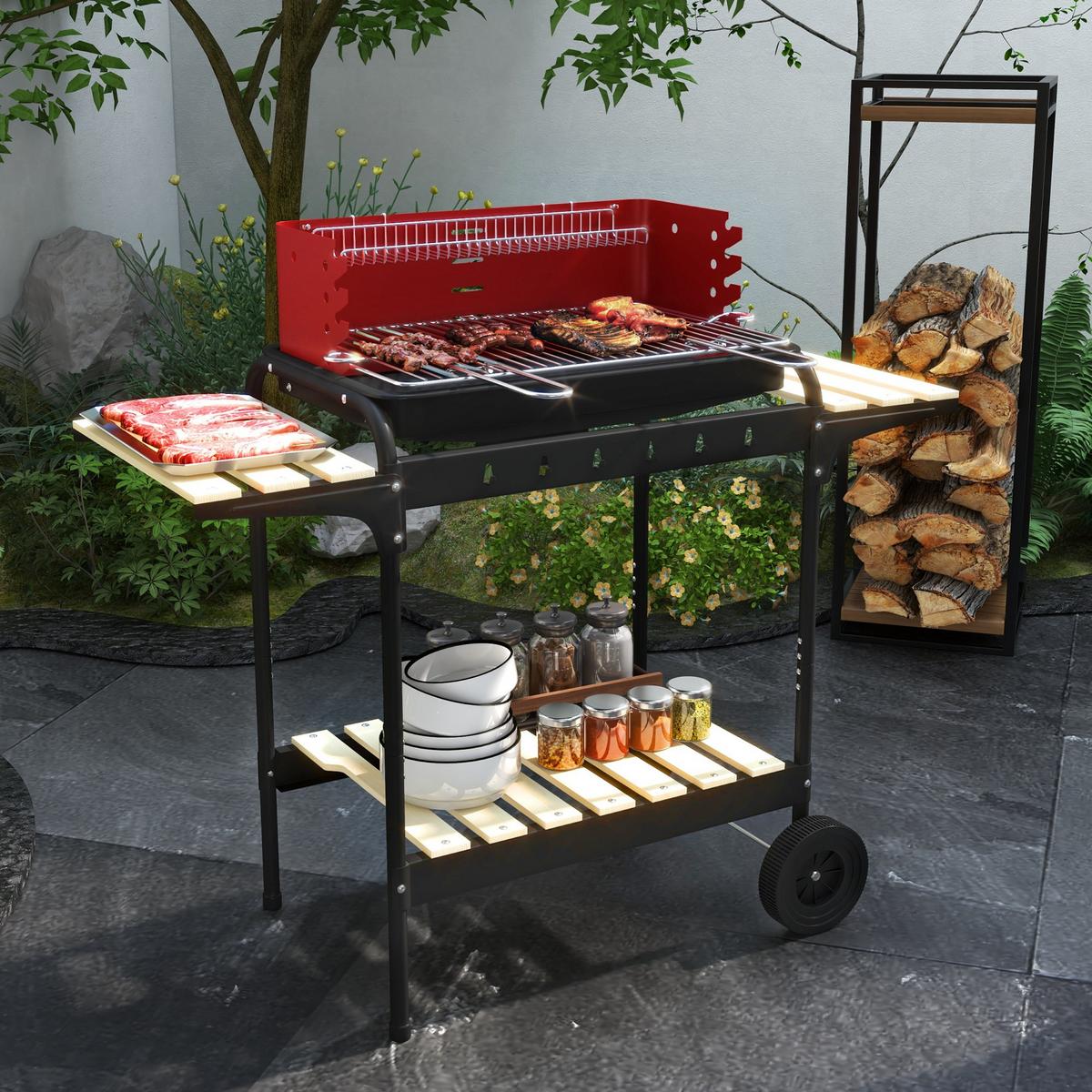HOLZKOHLEGRILL aus Metall mit Räder - Rot, Metall (47/95/103cm) - Outsunny