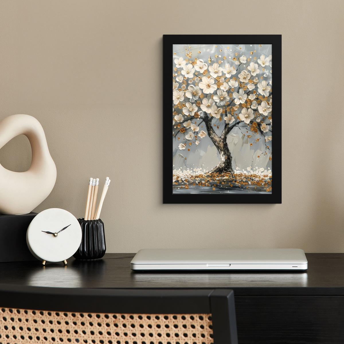 POSTER MIT RAHMEN Baum - Blumen - Weiß - Natur - Kunst Poster 20x30 cm - Weiß, Papier (20/30cm) - MuchoWow