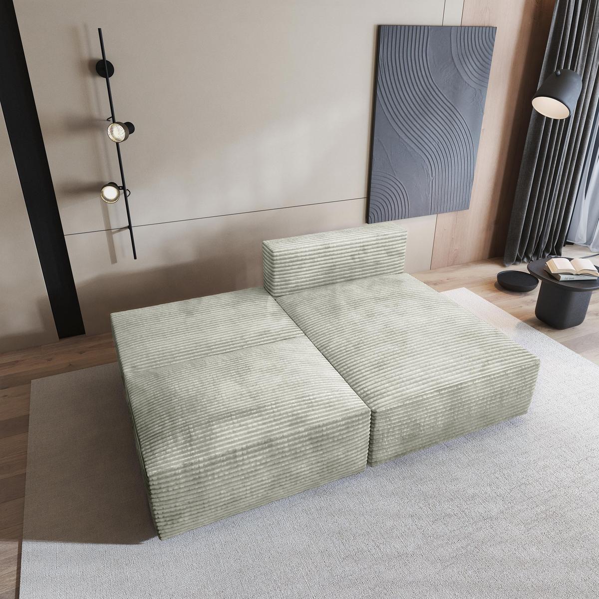 ECKSOFA FIORO Hellgrau Kordstoff mit Schlaffunktion - Silberfarben, Holz (204/148cm) - MASSENO