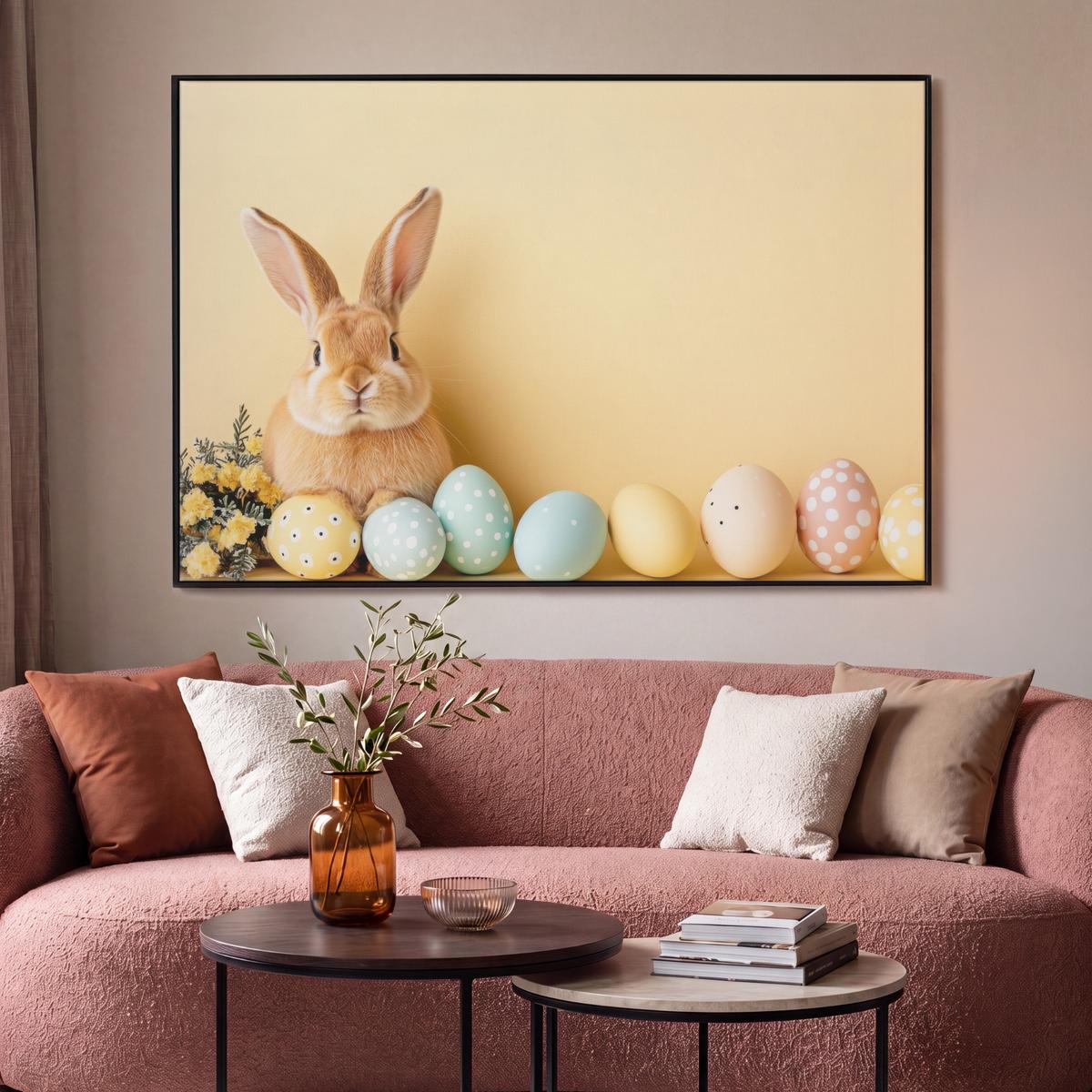 LEINWAND Bilder mit Rahmen - Eier - Kaninchen - Pastellfarbtöne - 120x80 - Hellgelb, Textil (120/80cm) - MuchoWow