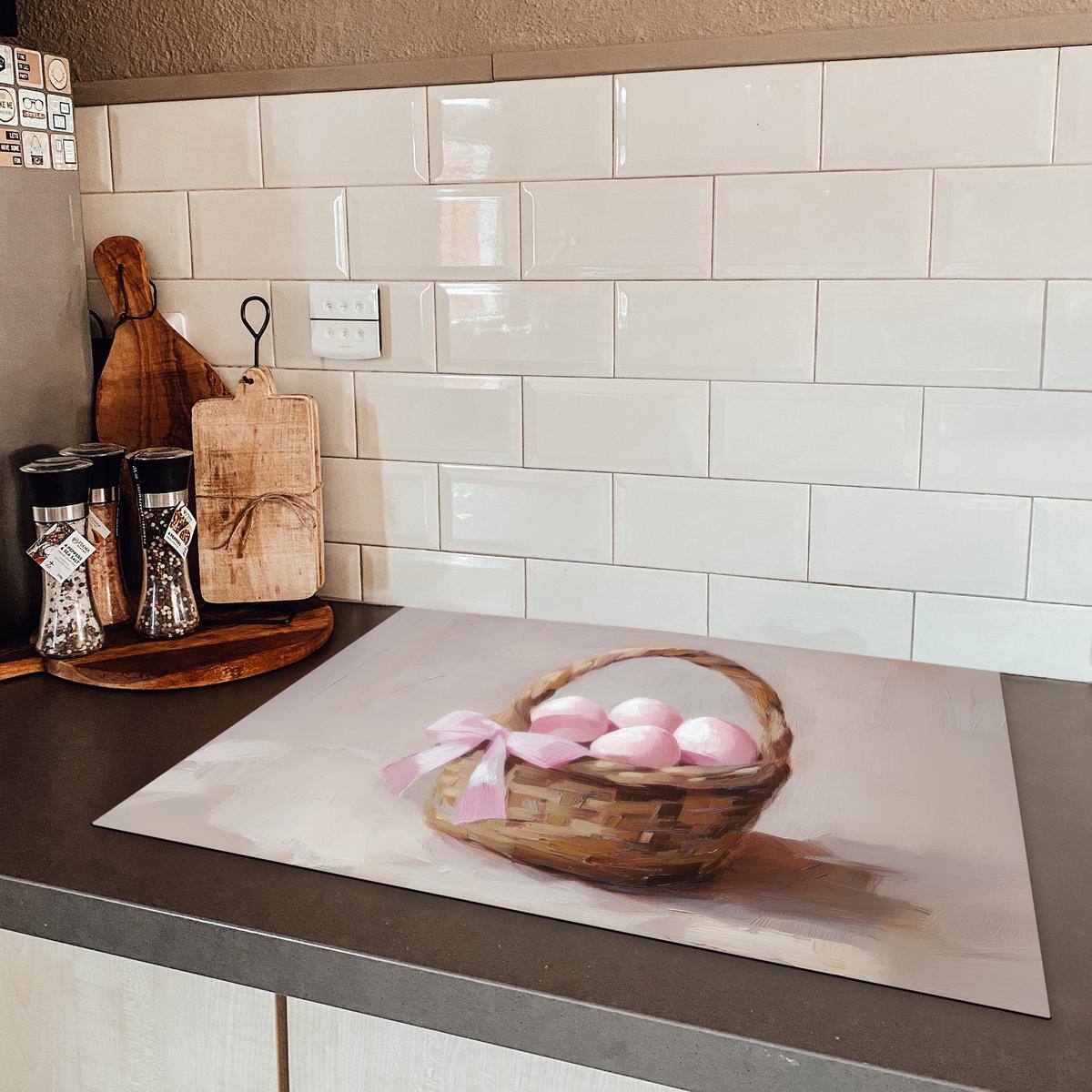 HERDABDECKPLATTE Korb - Eier - Rosa Induktionsmatte 71x52 cm - Beige, Kunststoff (71/52/0.2cm) - MuchoWow