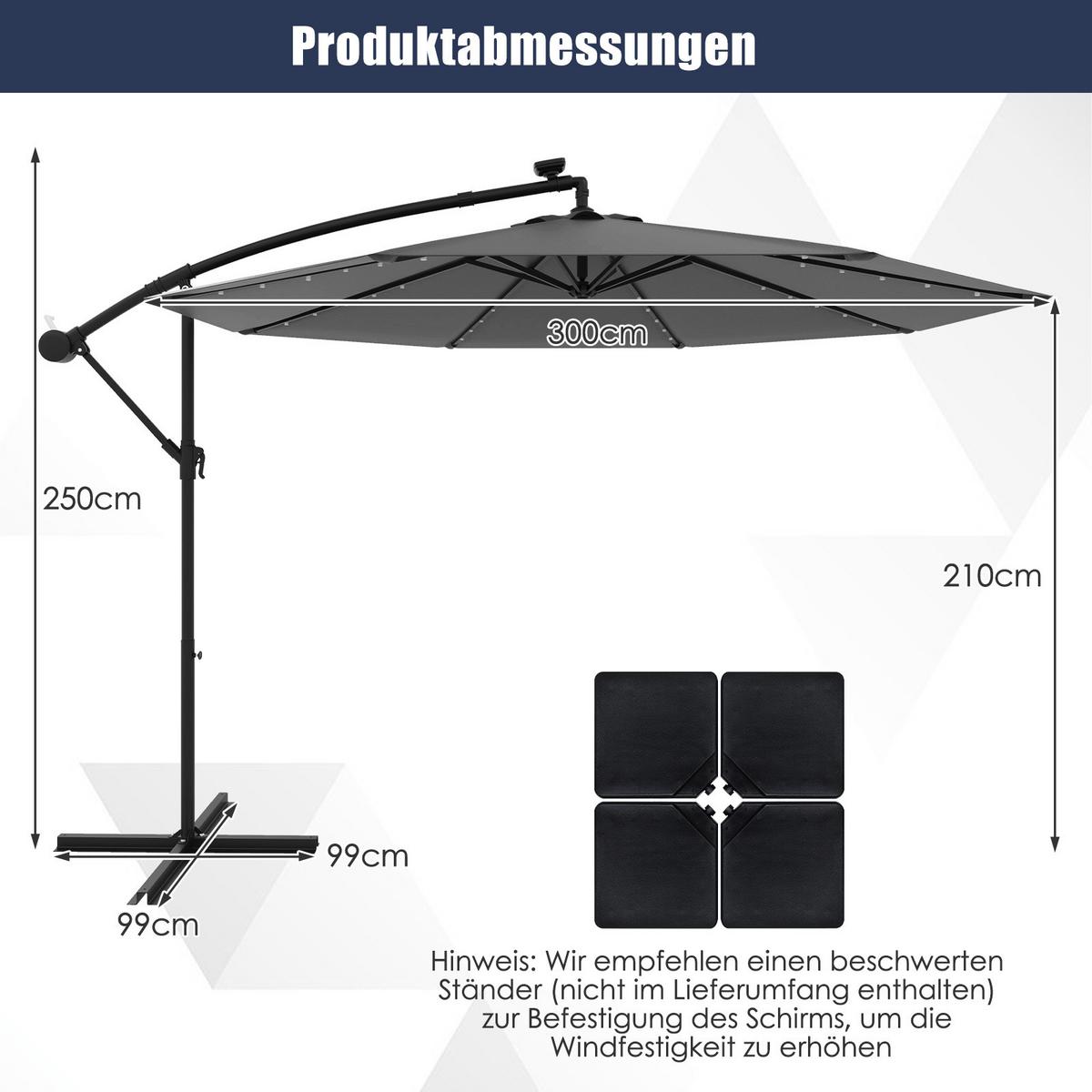 SONNENSCHIRM Grau - Grau, Kunststoff (300/300cm) - COSTWAY