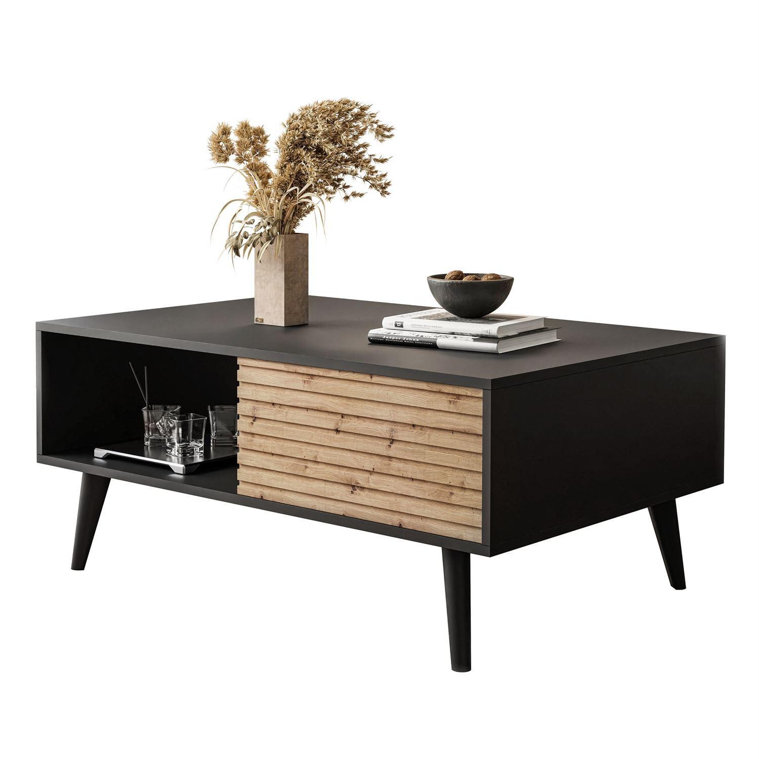 COUCHTISCH CONE mit Schubladen L104 - Eichefarben/Schwarz, Holzwerkstoff (68/104/46cm) - Lookway