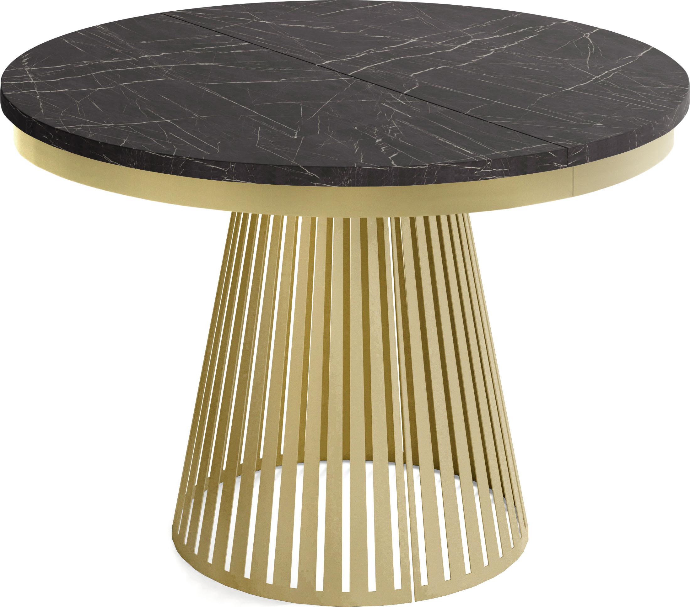 ESSTISCH Naro rund ausziehbar mit Goldem Lamellen-Metallgestell, Marmor Schwarz 100-180/100/76 cm - Anthrazit/Goldfarben, Holzwerkstoff/Metall (100/180/76cm) - WFL GROUP