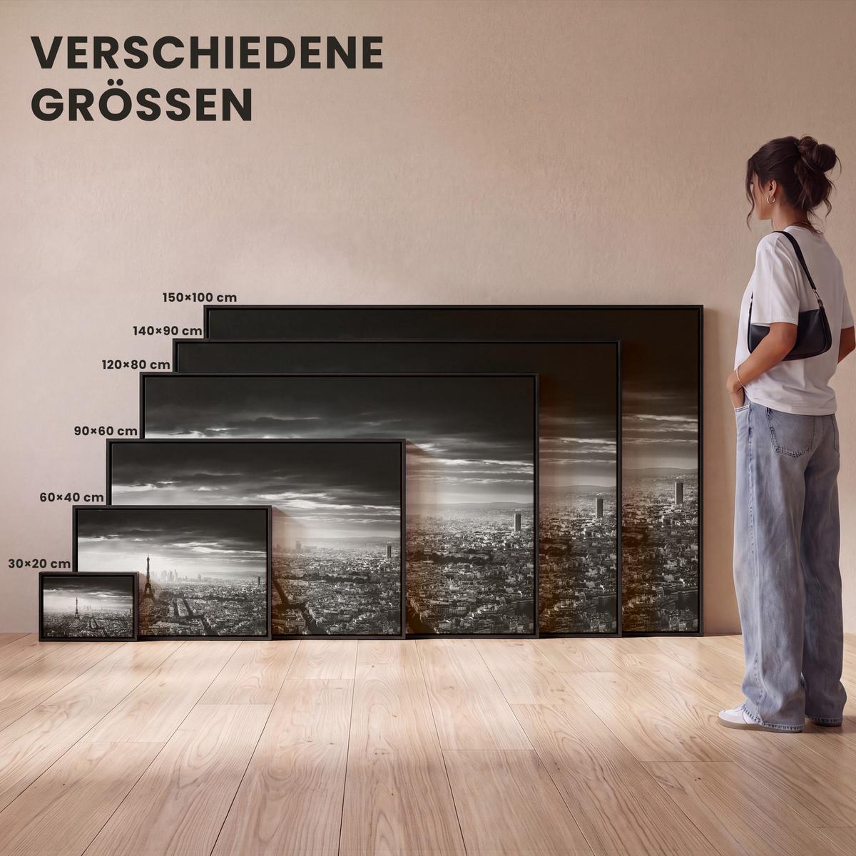 LEINWAND Bilder mit Rahmen - Paris - Skyline - Eiffelturm - Stadt - Wolken - 60x40 - Dunkelgrau, Textil (60/40cm) - MuchoWow
