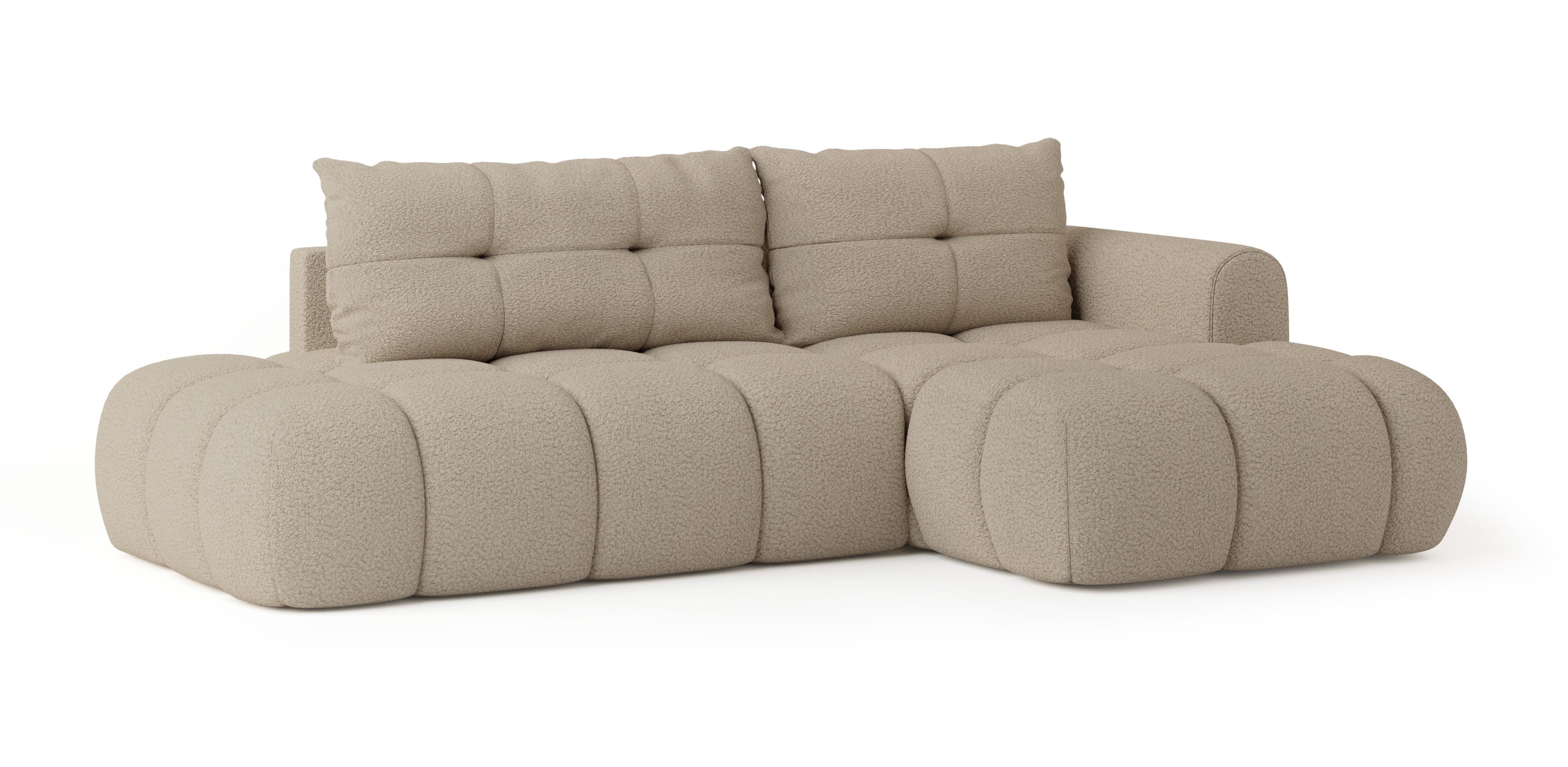 ECKSOFA FLUMA R-S Beige Boucle-Stoff mit Schlaffunktion - Beige, Holz (279/158cm) - MASSENO