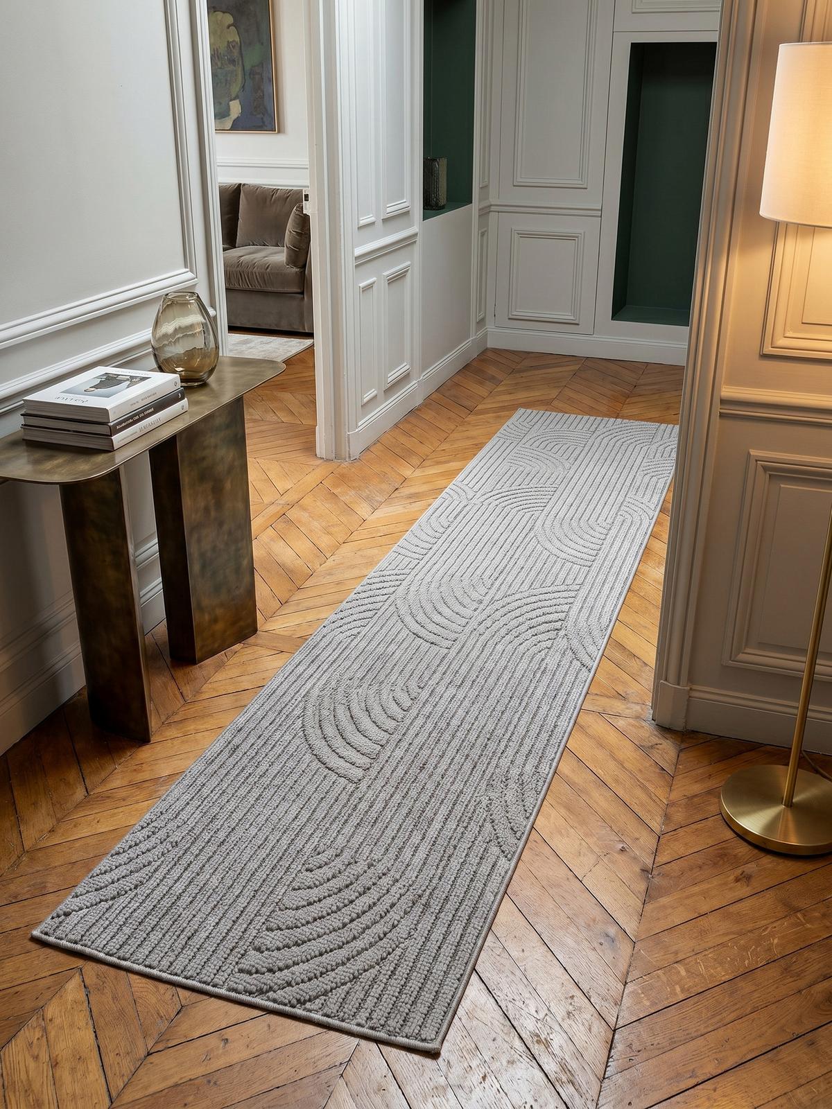 TEPPICH Flachgewebe LANGAU in Silber, mit geometrischen Bögen, 80 x 250 cm - Silberfarben, Textil (250/80cm) - KADIMA DESIGN